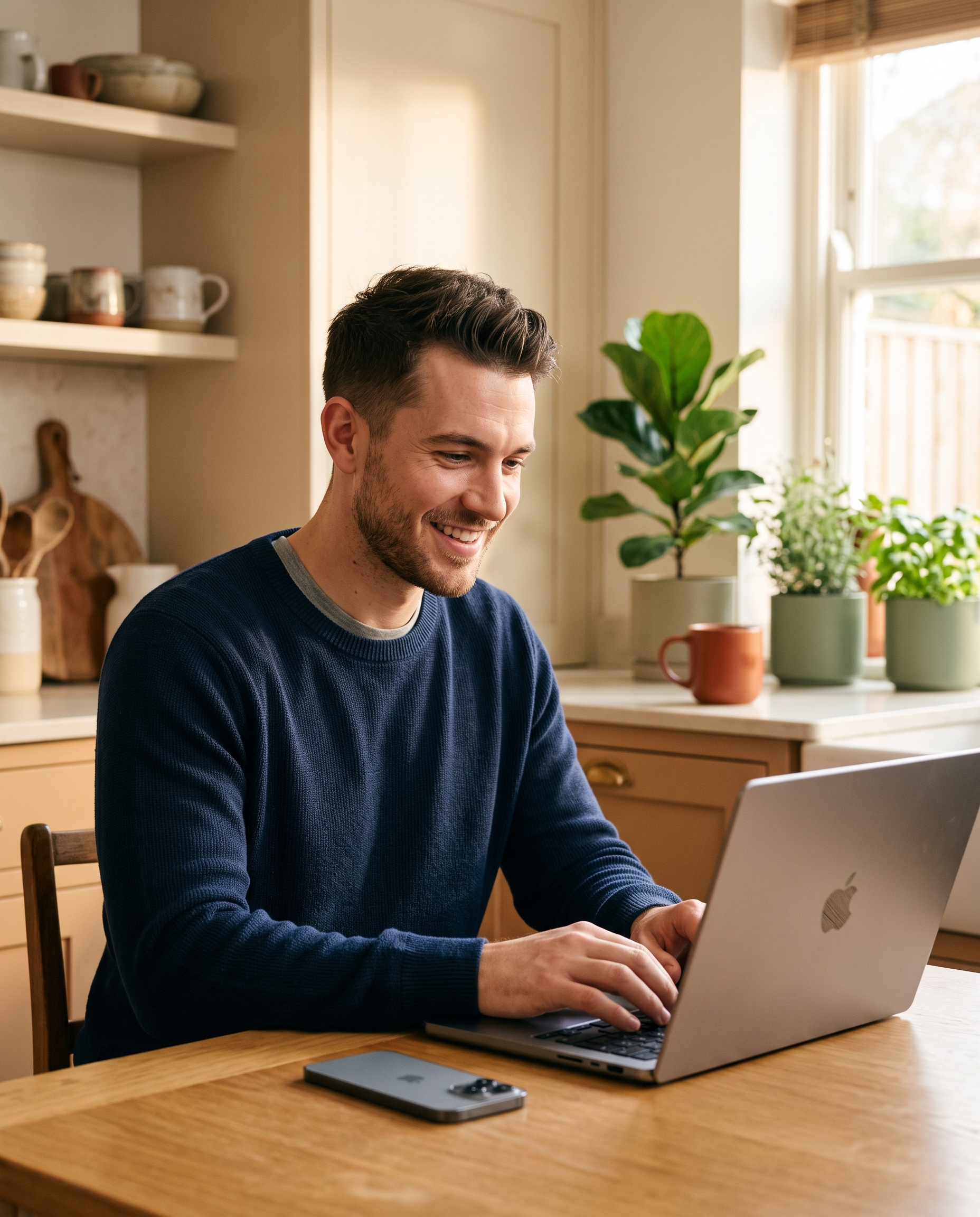 Jonge man leert aan de keukentafel werken met een AI-assistent
